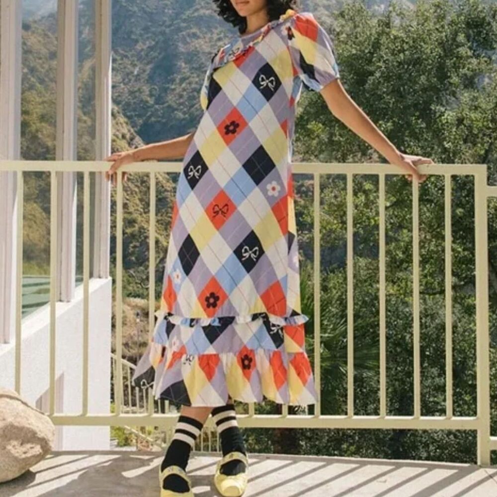 Lisa Says Gah Teagan Dress Multicolor Cirque Argyle Whimsical Pattern Sz S - Picture 1 of 9